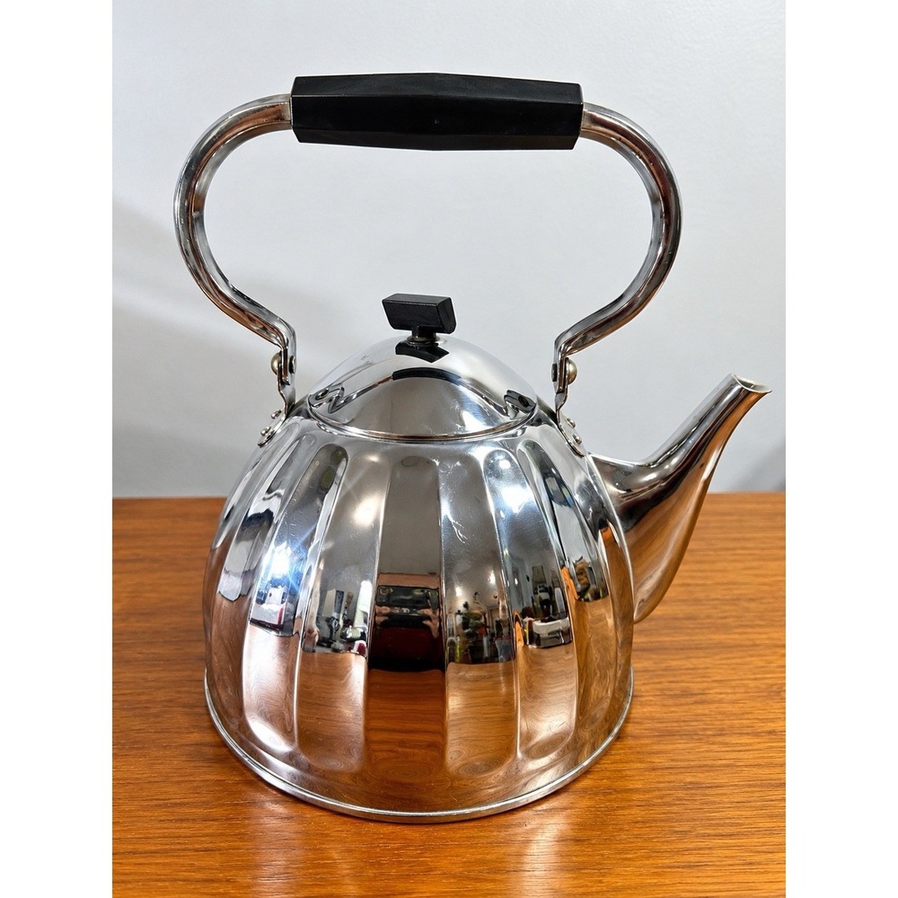 Vintage USSR Soviet Russian Tea Kettle Nickel Plated Bakelite Handle Bird Mark